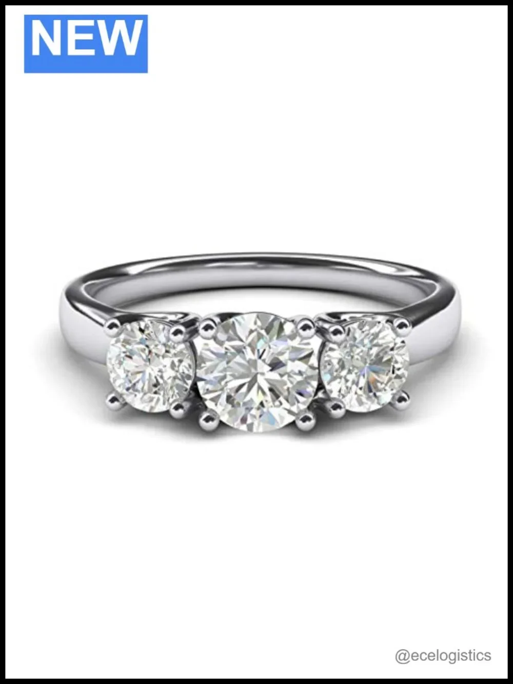 14k White Gold Genuine Moissanite Three Stone Trellis Promise Engagement Ring